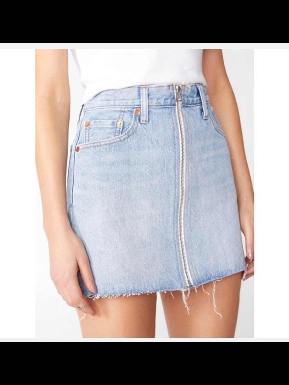 Levi's Big E Deconstructed Raw Hem Light Blue Denim Zip-Front Mini Skirt